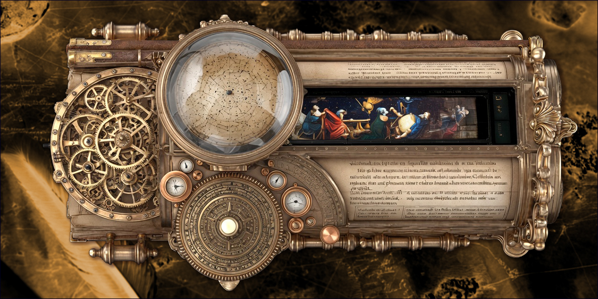 A Renaissance-era clockpunk instrument combining star charts, maps, and a floating gear-driven mechanism for measuring time and location