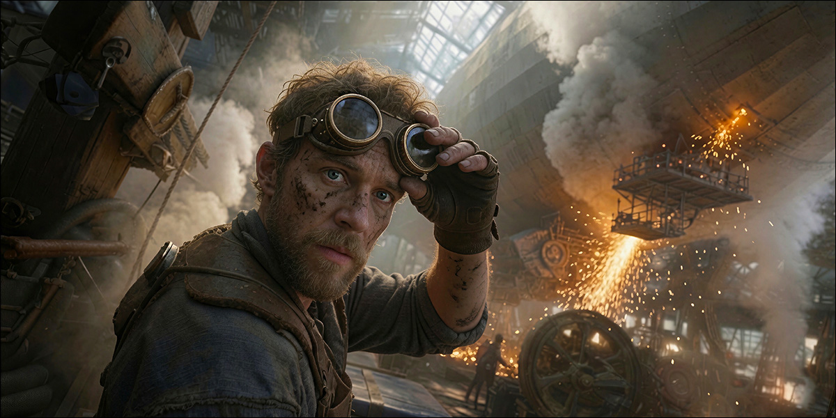 A welder fabricating parts for a steam-powered zeppelin in a vast hangar, sparks showering scaffolding as massive gears and forges operate in the background