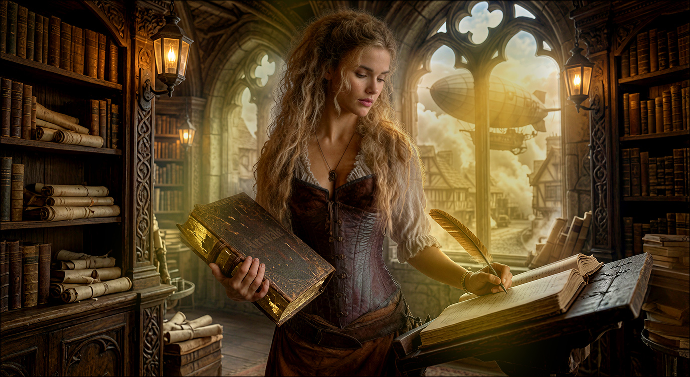 A steampunk librarian in corset and period dress annotates a journal among ancient scrolls and hardbound books, a zeppelin launching through the gothic library window behind her