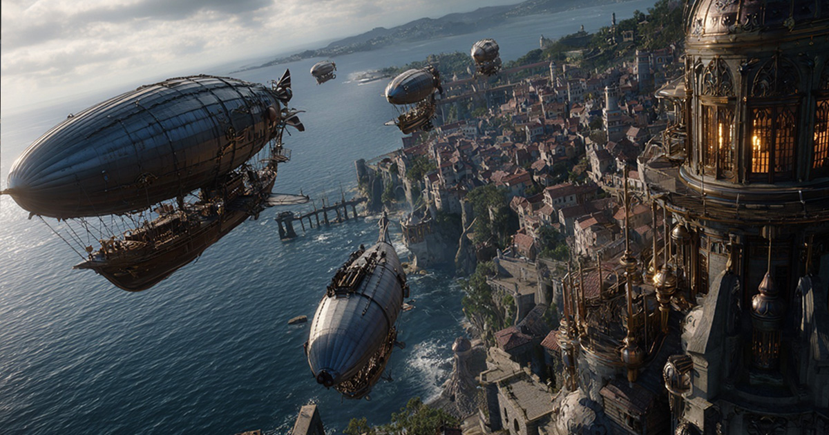 A fleet of steampunk zeppelins soars over a coastal fantasy city in the world of Airovale
