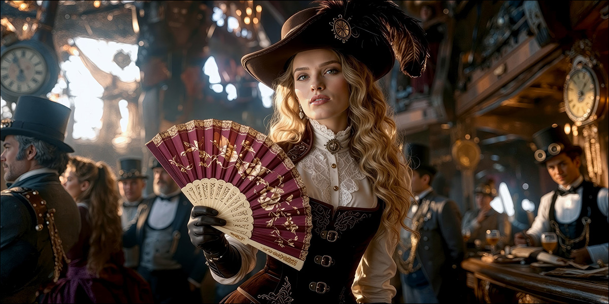 A woman in Victorian steampunk dress — corseted gown, lace, and folding fan — with men in top hats, vests, and aviator goggles in a clock-lined room