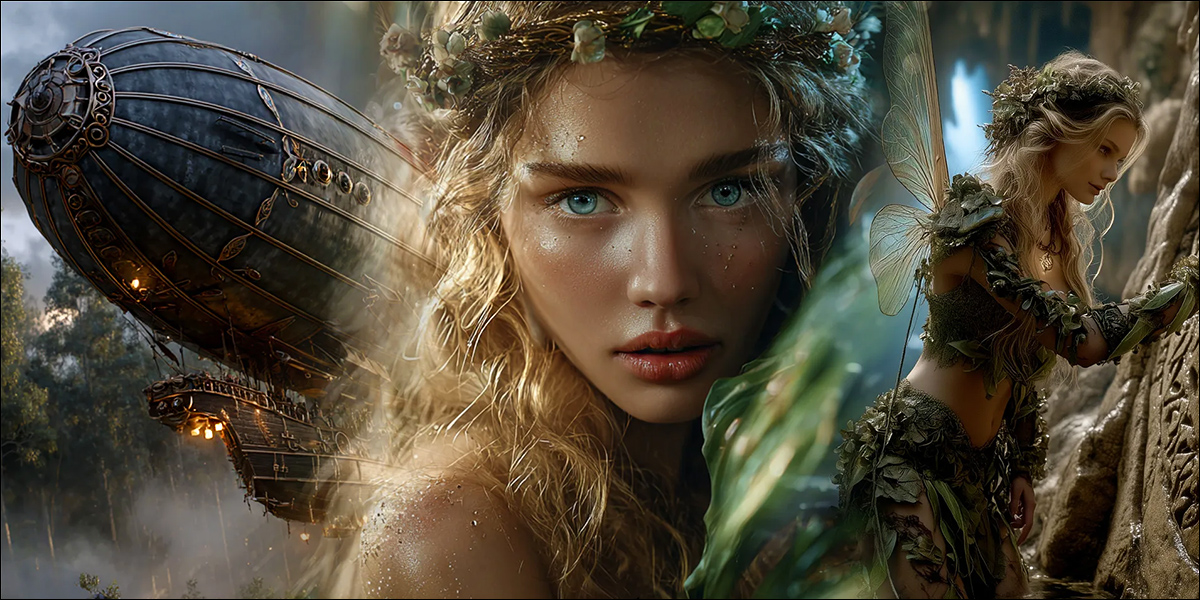 A fae guardian with striking blue eyes and floral crown alongside a dark iron zeppelin — the fantasy and steampunk worlds of Airovale colliding in one frame
