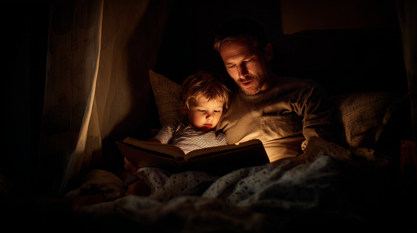 Parent reading bedtime story to child in cozy bedroom setting