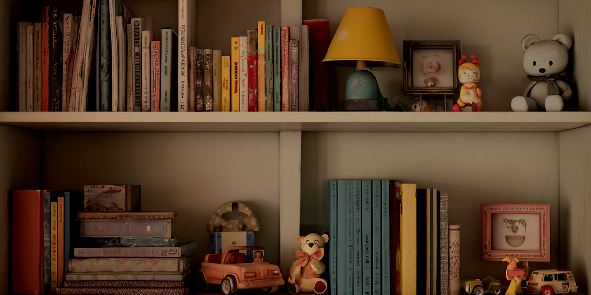 Colorful children's books on shelf with stuffed animals and nightlight