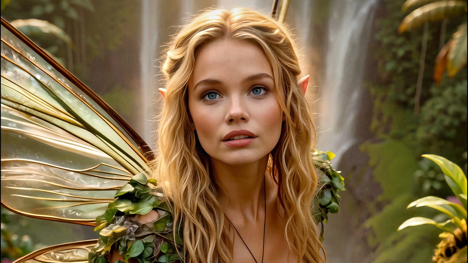 A fair-haired fae woman with translucent golden wings stands before a jungle waterfall on the island of Canyon Myst