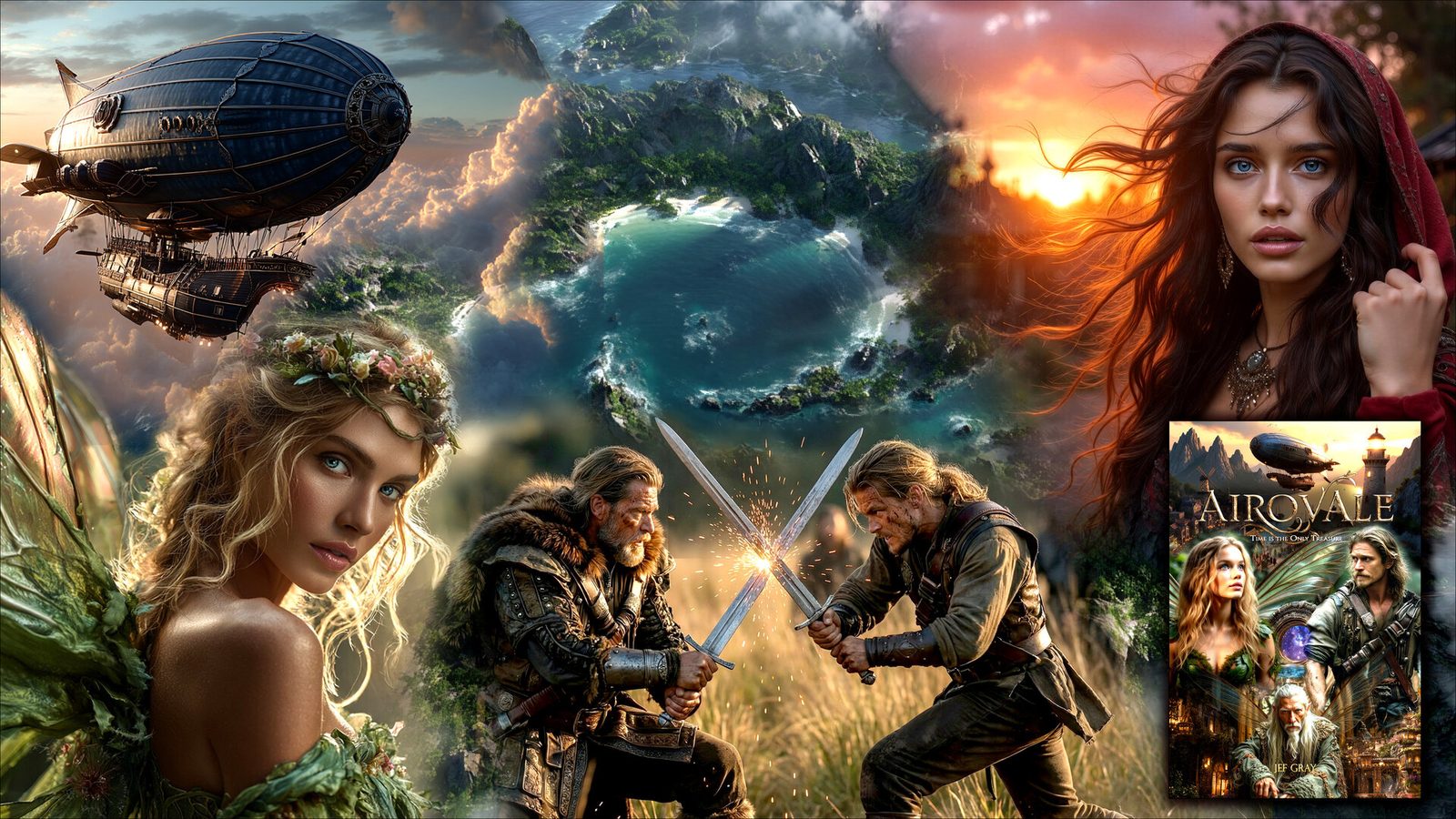 A collage from the Airovale saga — a fae woman with a flower crown, an iron zeppelin over a volcanic island, two swordsmen dueling in the grass, and a dark-haired woman in a red hood at sunset