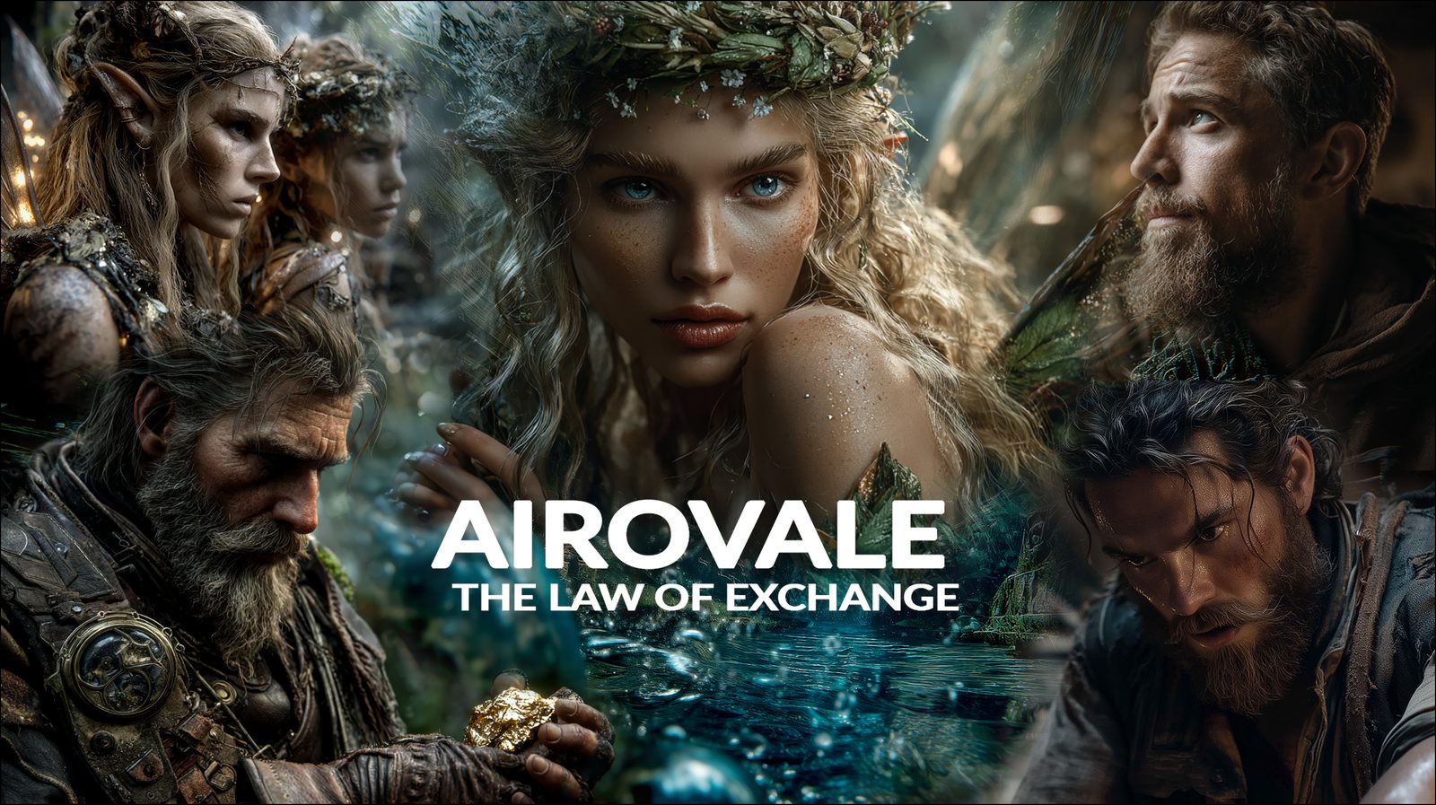Fae guardians in leaf crowns surround a fair-haired fae woman above a glowing pool, while castaway aeronauts clutch gold nuggets — Airovale, The Law of Exchange