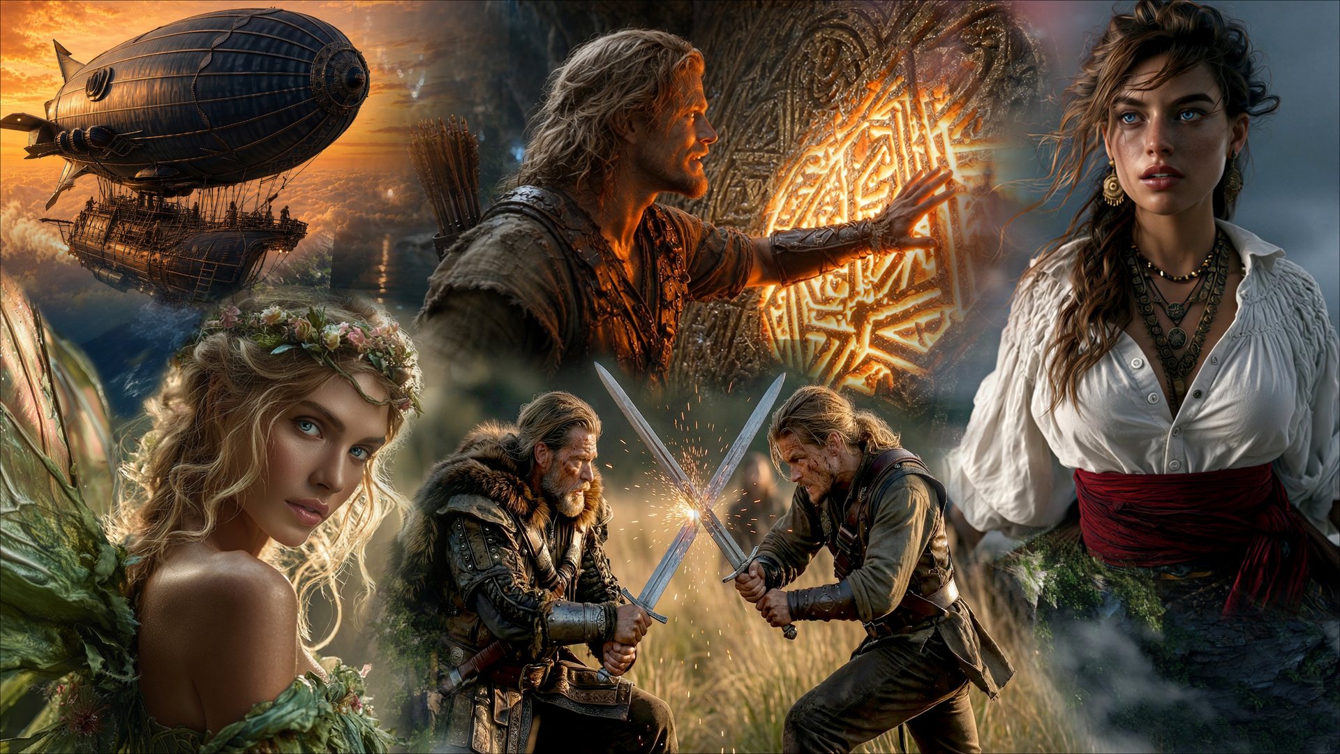 A collage from the Airovale saga — an iron zeppelin at sunset, a fae woman in a flower crown, an aeronaut touching glowing carved runes, two swordsmen dueling in tall grass, and a dark-haired woman in a white blouse and red sash