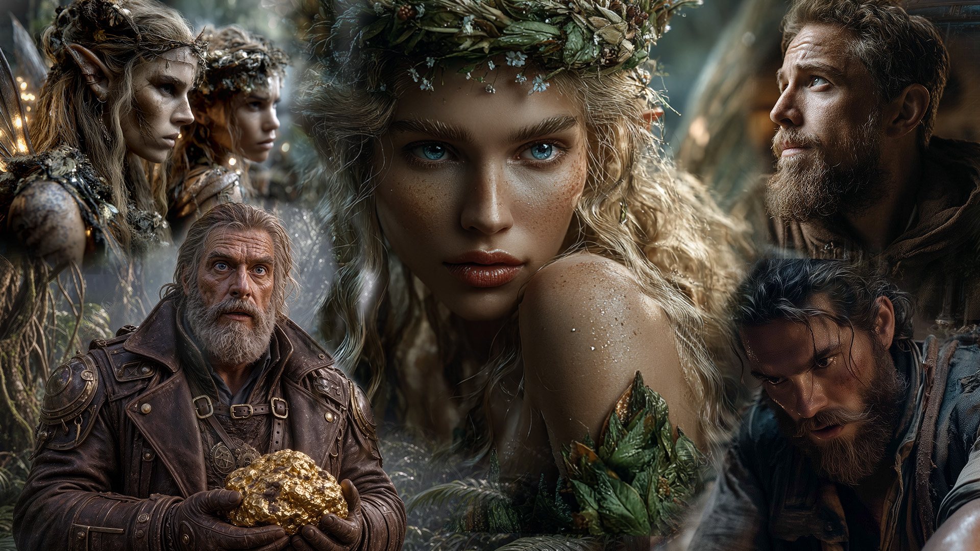 Fae guardians in leaf crowns and a fair-haired fae woman keep watch over castaway aeronauts, one clutching a gold nugget — Airovale, The Law of Exchange