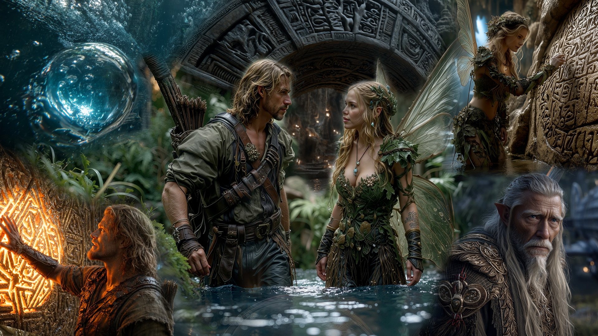 An aeronaut and a winged fae woman stand waist-deep beneath a carved stone arch in a drowned city, with a glowing orb, glowing runes, a fae tracing carvings, and an elder fae watching — Airovale, Deceptive Time