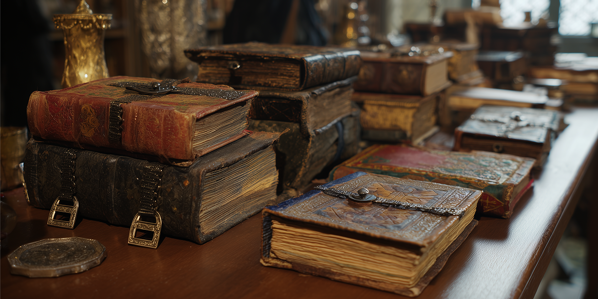 Medieval romance novels and manuscripts on library table