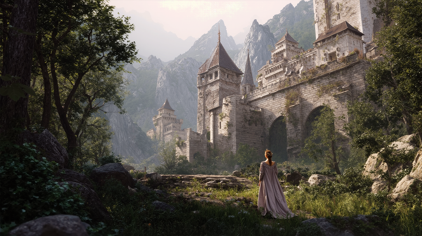 Medieval castle with knights and courtly scenes illustrating medieval romance genre