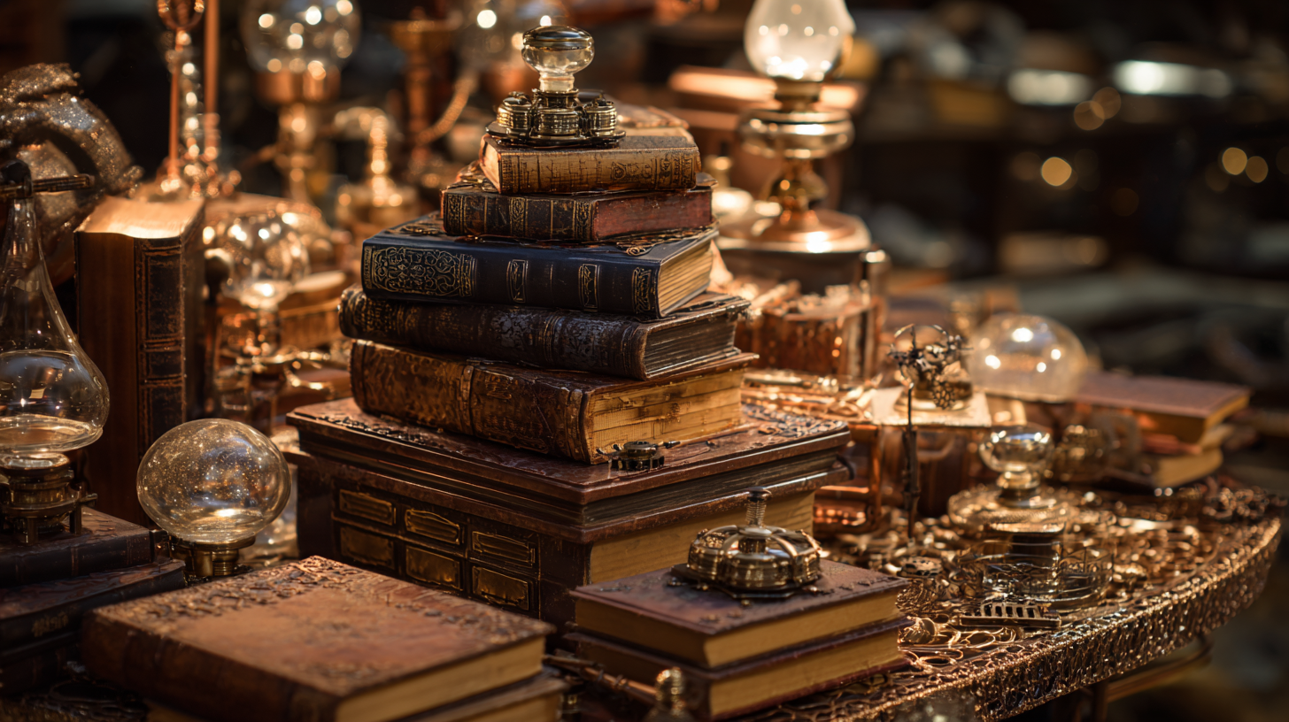 Steampunk books on a librayy table surrounded with period gadgets and decoration