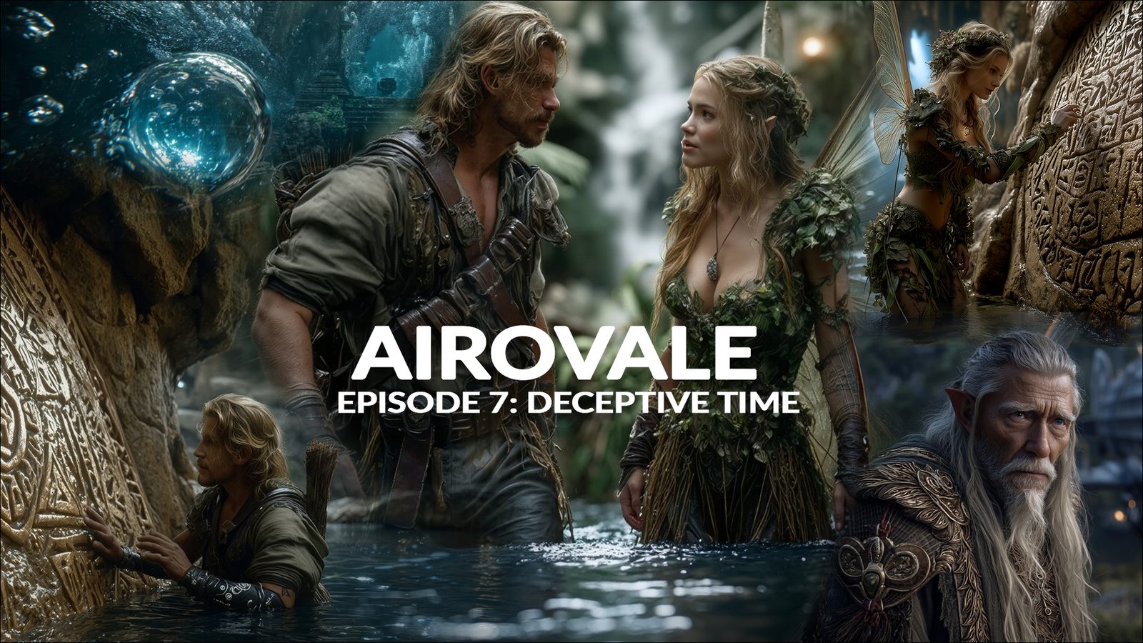 An aeronaut and a fae woman wade through a flooded ancient city lit by glowing orbs, an elder fae watching from the carved stone — Airovale Episode 7, Deceptive Time