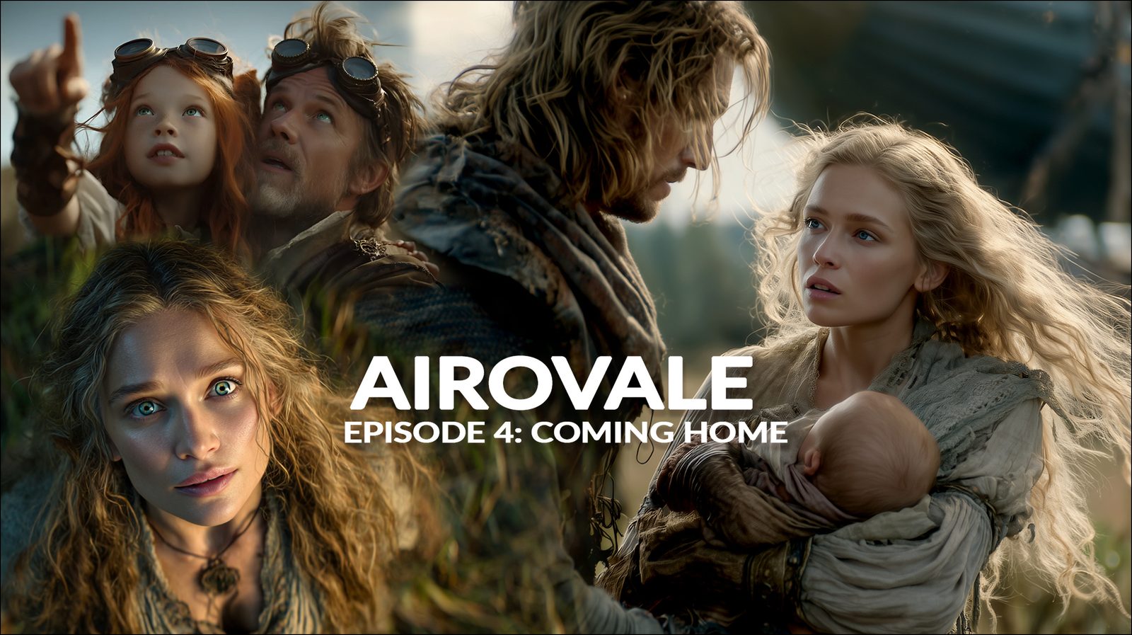 A weathered aeronaut returns home from the sea to a woman holding a baby, a child and family pressing close around them — Airovale Episode 4, Coming Home