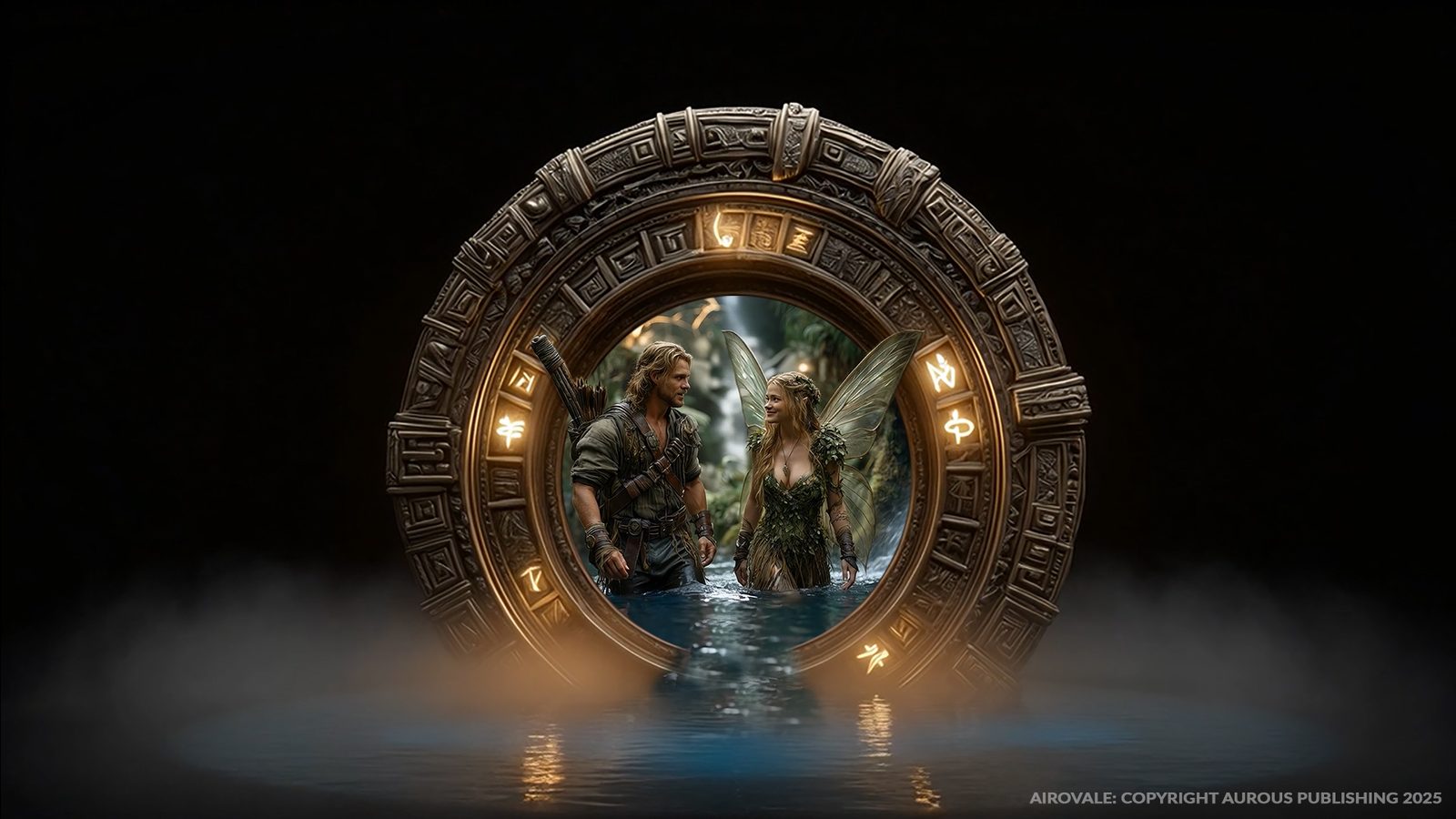 A glowing ancient portal ringed in carved bronze, framing a human aeronaut and a fae woman standing in shallow water on the other side