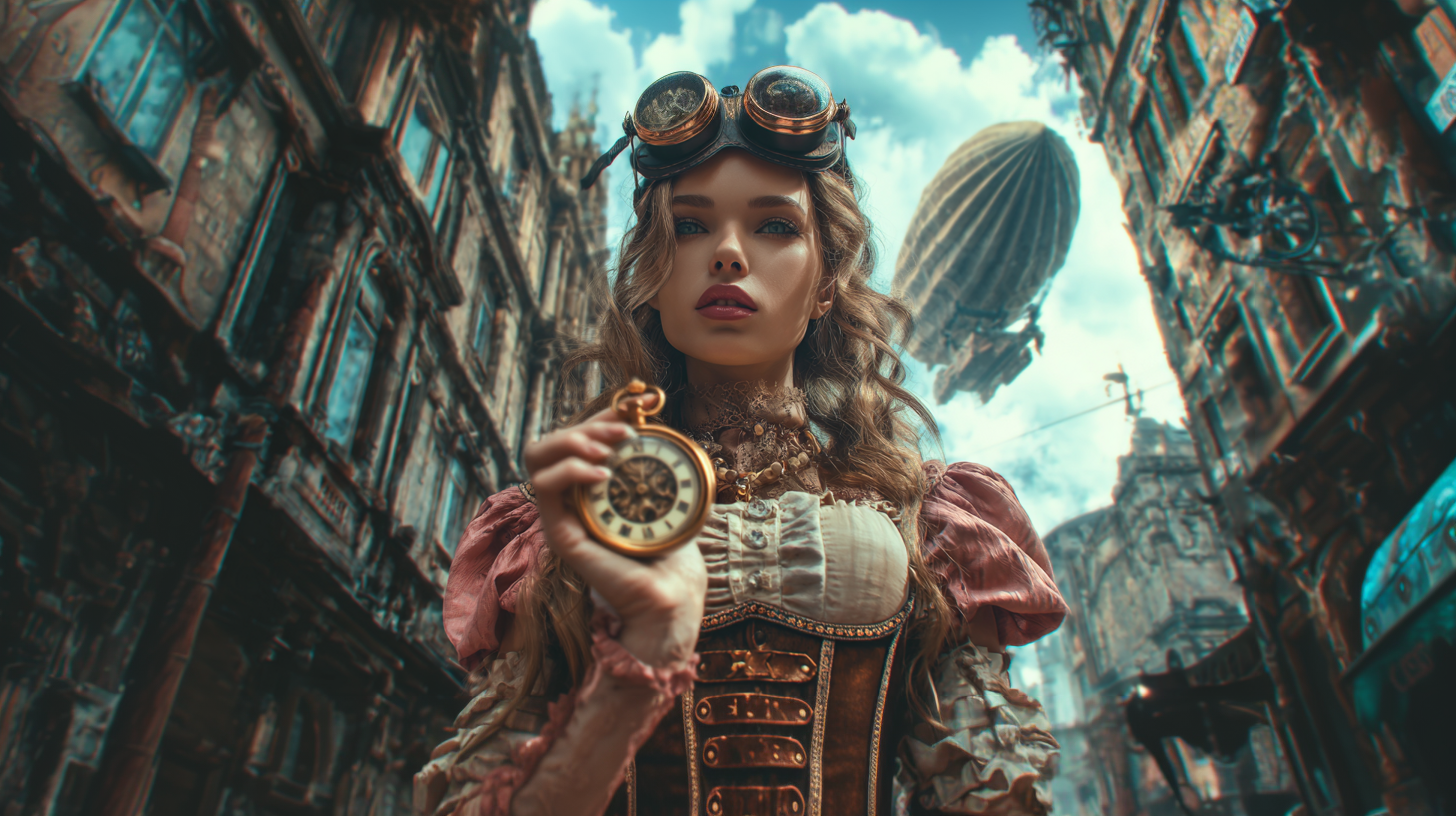 Steampunk Victorian lady in full period attire with brass goggles and clock, zeppelin overhead